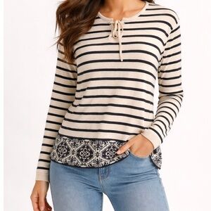 J. Jill Top Striped Cream Black Striped Lace Up Knit Sweater XS Nautical